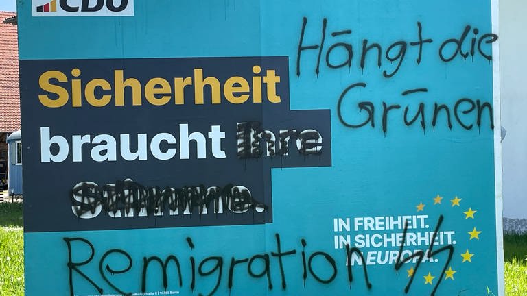 Dieses Wahlplakat der CDU wurde von Unbekannten in Tannau im Bodenseekreis unter anderem mit dem Symbol der Waffen-SS beschmiert. (Foto: SWR)